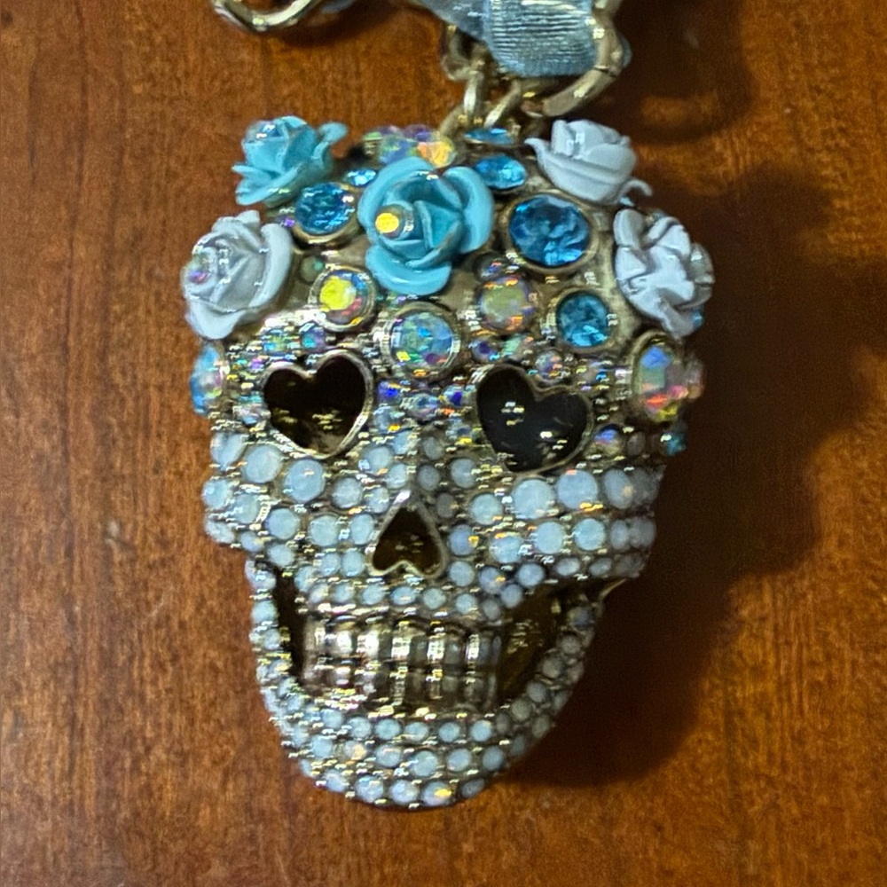 Betsey Johnson Crystal & Rhinestone  Sugar Skull Pendant Necklace